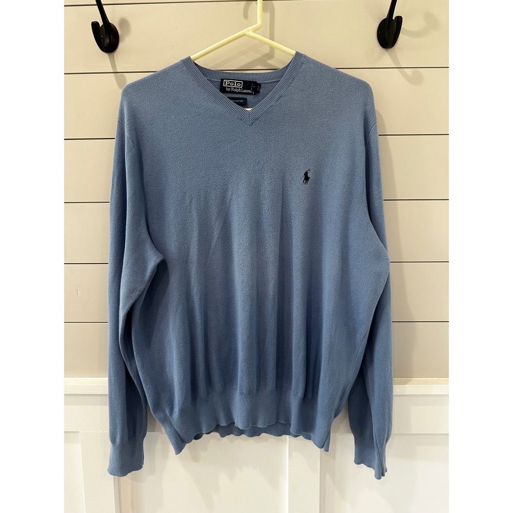 Polo Ralph Lauren Mens V-Neck Sweater Light Blue Cotton Knit Pony Logo Size L